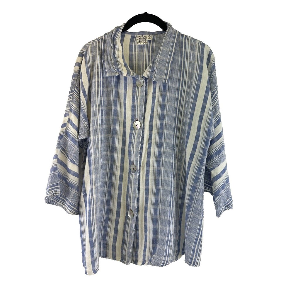 Parsley Sage Button Down Blouse Blue White Striped Cotton Collared Women Medium